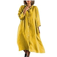 Women's Casual Crewneck Button Down Cotton Linen Dress Rolled Short Sleeve Midi Length Loose Flowy Summer Beach Dresses
