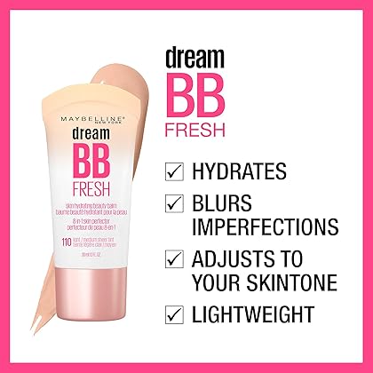 Maybelline New York Dream Fresh Skin Hydrating BB cream, 8-in-1 Skin Perfecting Beauty Balm with Broad Spectrum SPF 30, Sheer Tint Coverage, Oil-Free, Light/Medium, 1 Fl Oz