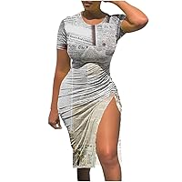 Plus Size Bodycon Dresses for Curvy Women Tight Slit Midi Tshirt Dresses Summer Sexy News Paper Party Club Dress