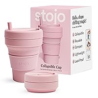 STOJO Titan Collapsible Travel Cup With Straw - Carnation Pink, 24oz / 710ml - Reusable To-Go Pocket Size Silicone Cup for Hot & Cold Drinks - Camping and Hiking - Microwave & Dishwasher Safe