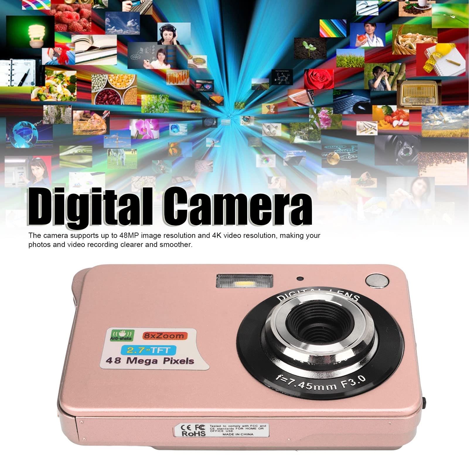 4K Digital Camera 48MP with 8X Zoom and 2.7in LCD Screen, Rechargeable Pocket Camera and 128GB Memory Card Support, USB Transfer Camera Camera for Beginners (Pink)