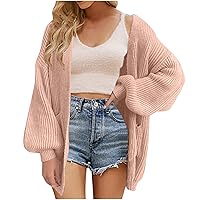 Drop Shoulder Cardigan Sweater for Women Open Front Oversized Lantern Long Sleeves Knit Coat with Pocket Fall Winter