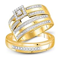The Diamond Deal 10kt Yellow Gold His Hers Round Diamond Square Matching Wedding Set 1/4 Cttw