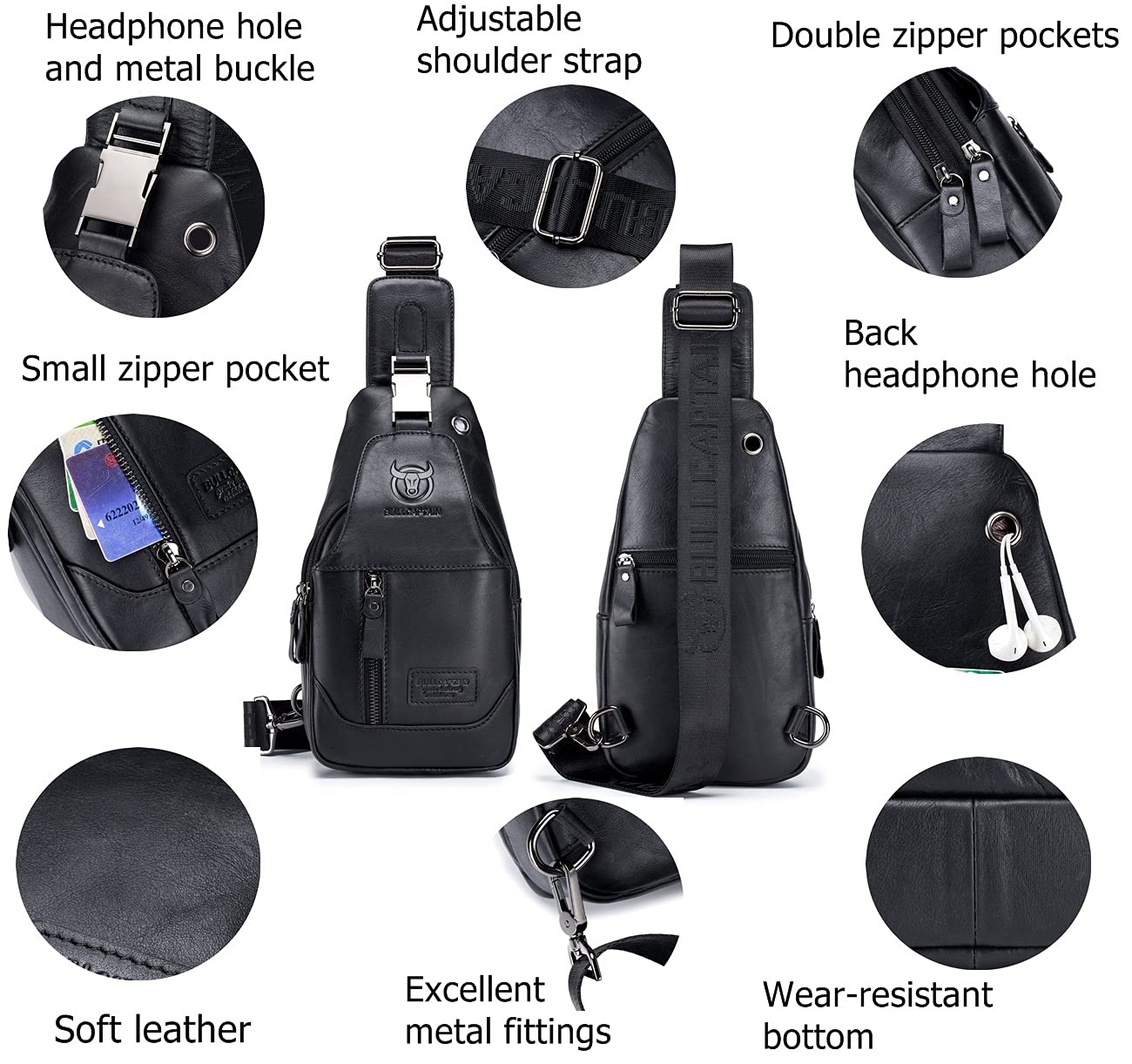 BULLCAPTAIN Genuine Leather Men Sling Crossbody Bag Chest Bags Travel Hiking Shoulder Backpack (Black)