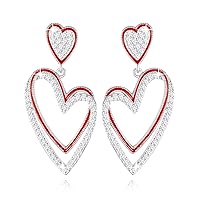 Heart Earrings Silver/Gold Plated 925 Sterling Silver Post Dangle Drop Double Heart-shaped Earrings Dangling Cubic Zirconia Jewelry Gift for Women