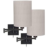 Franklin Iron Works Modern Swing Arm Wall Lamps Set of 2 Espresso Bronze Plug-in Light Fixture Dimmable Ivory Linen Cylinder Shades for Bedroom Bedside House Reading Living Room Home Hallway Dining