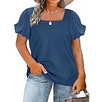 HDLTE Women's Square Neck Puff Sleeve Tshirts Plus Size Summer Tops Casual Loose Fit Tee Shirts XL-4XL