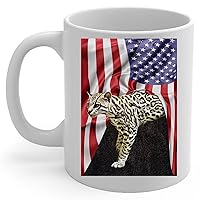 American Themed Design with Ocelot Coffee Mug White Ceramic Tea Cup 11oz Wild Animal Lover Gifts