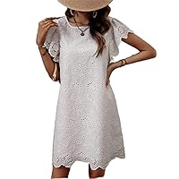 Dresses for Women Eyelet Embroidery Scallop Trim Butterfly Sleeve Dress