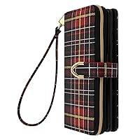 Qoosan Galaxy S21 Wallet Cover Case for Women, Card Holder Slots Cash Pockets Zipper Snap Button Closure Shockproof Premium TPU PU Leather Phone Flip Case with Wrist Strap, Plaid Red