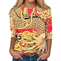 Blouses for Women Dressy Casual,Womens Dragon Graphic Crewneck 3/4 Length Sleeve Tops Loose Spring Outfits 2024
