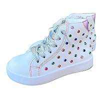 StyleChild High-Top Fashion Sneakers - PU Leather Colored Studs Casual Shoes Trainers with Pink Stitching and Metallic Lace-up Design