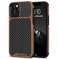 TENDLIN Compatible with iPhone 12 Pro Max Case Wood Grain with Carbon Fiber Texture Design Leather Hybrid Case