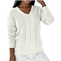 Womens V Neck Sweaters 2023 Fall Trendy Chunky Knit Drop Shoulder Pullovers Casual Long Sleeve Solid Jumper Tops