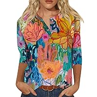 Women Tops 3/4 Sleeve Slim Fit Tshirts 2023 Summer Blouse Floral Ethnic Button Down Shirts V Neck Slim Cute Tees