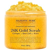 Majestic Pure 24K Gold Scrub - Biotin, Collagen, VitaminE & Stem Cell - Exfoliating Body Scrub, Skin Moisturizer, Pore Cleanser & Body Exfoliator - Natural Skin Care - 24k Scrub For Men & Women - 10oz