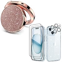 MIODIK Bundle - for iPhone 15 Plus Case Clear Glitter (Blue) + Phone Ring Holder (Rose Gold), with 2Pcs Screen Protector & 2Pcs Camera Lens Protector, Protective Shockproof for Women