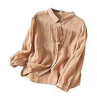 Women Cotton Linen Asymmetrical Button Down Shirts Summer Fashion Casual Loose Fit Solid Long Sleeve Lapel Blouses