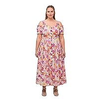 Ulla Popken Womenswear Plus Size Curvy Oversize Floral Print Off The Shoulder Button Front Dress 818321
