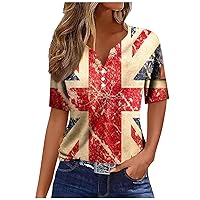 American Flag T Shirts for Women Tops 4th of July Outfit Independence Day Tee V Neck Buttons Graphic Short Sleeve Casual Tops