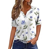 Tops for Women 2024, Vacation Trendy V Neck Boho Short Sleeve Shirts Casual Loose Comfy Tunic Clothes