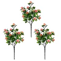 3 PCS Artificial Peach Branches, 14.6 Inch Simulation Fruits Tree Stem Fake Fruit Branch with Green Leaves for Home Party Flower Arrangement Decor
