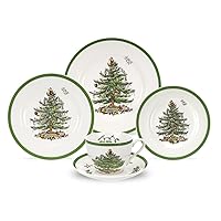 Spode Christmas Tree 5-Piece Setting | Made of Fine Earthenware | Service for 1 | Dinner Plate, Salad Plate, Bread-and-Butter Plate, Teacup and Saucer | Dishwasher Safe