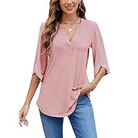 HOCOSIT Women's 3/4 Sleeve Tunic Tops Casual V Neck Dress Shirts Floral Printed Loose Fit Pleated Blouses