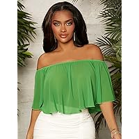 Women's Tops Shirts Sexy Tops for Women Solid Off Shoulder Top Shirts for Women (Color : Lime Green, Size : X-Small)
