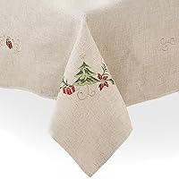 SARO LIFESTYLE Embroidered Christmas Tree Design Linen Blend Tablecloth, Natural, 67