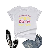 Women's Summer Bloom T-Shirt Inspiring Crew Neck Floral Top, White, L