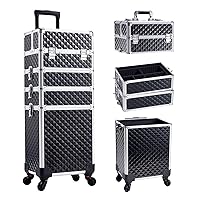 Adazzo 4 in 1 Rolling Makeup Case Cosmetic Train Case Trolley Roll Travel Box for Makeup Artist, Hairstylists, Nail Tech Makeup Cart with Key Swivel Wheels Barber Case Traveling Trunk Black