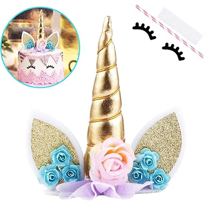 Unicorn Cake Topper Party Supplies Decorations for Girls Gold Unicorn Horn First Birthday Cake Topper Kit with Eyelashes, 5.8 Inch