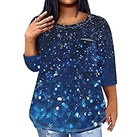 Plus Size Baggy T-Shirt Plus Size Tops for Women 2024 Sparkly Casual Fashion Loose Fit Trendy with 3/4 Length Sleeve Round Neck Shirts Blue 4X-Large