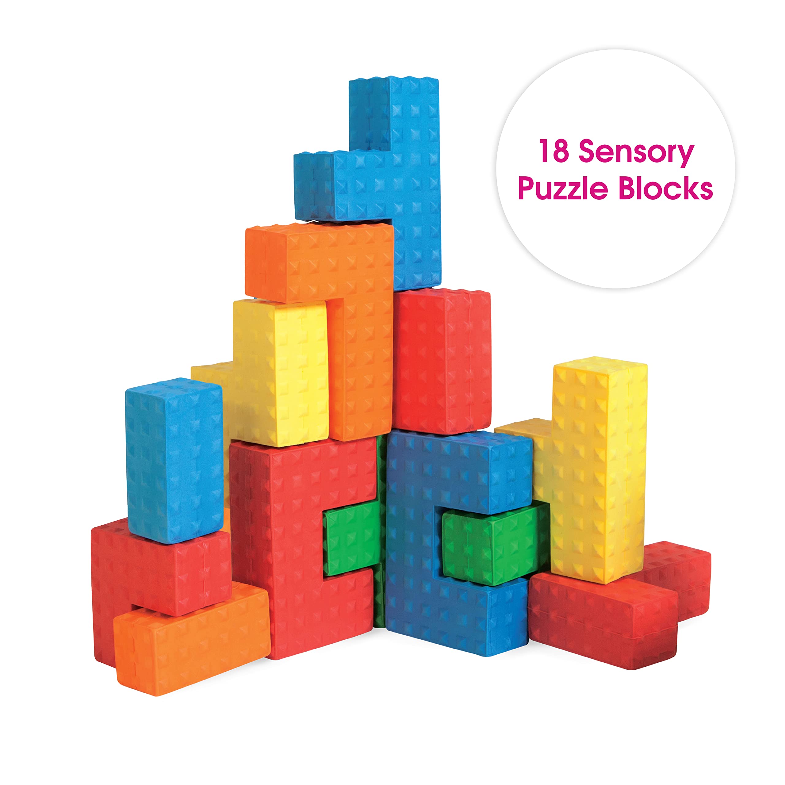 Edushape Sensory Puzzle Blocks, 18 PC Set - Colorful Textured Interlocking Construction Block Puzzles for Sensory Development in Toddlers & Kids - Soft Baby Blocks, STEM Educational Learning Toy