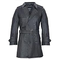 Mens Black German Military WW2 Vintage Long Trench Coat Genuine Leather Jacket