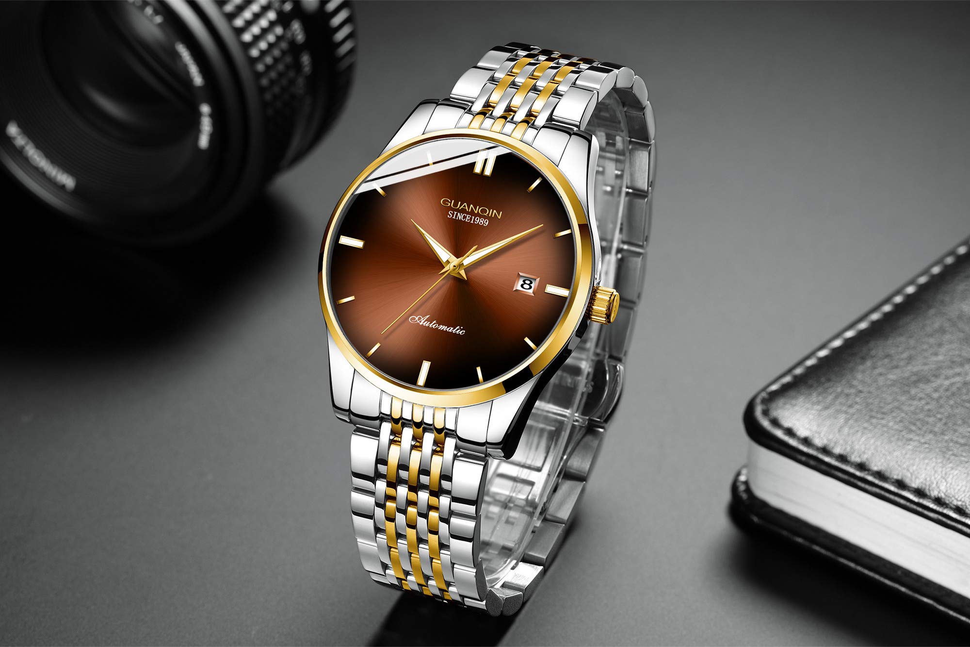 GUANQIN Men Date Luminous Analog Japanese Automatic Self Winding Mechanical Wrist Watch with Stainless Steel Bracelet