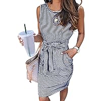 MEROKEETY Womens Summer Sleeveless Striped T Shirt Dress Casual Crew Neck Tie Waist Mini Dresses