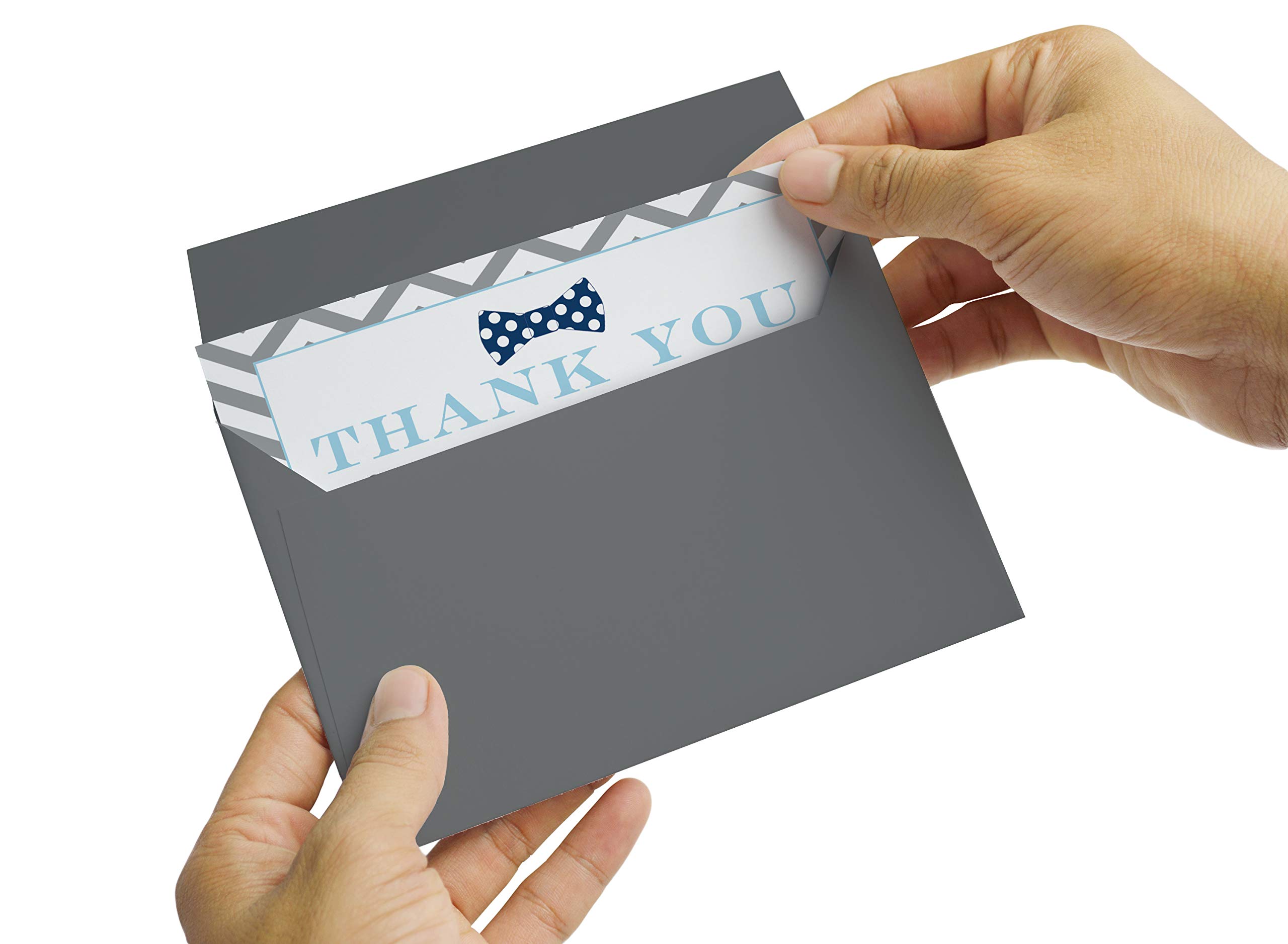 Bow Tie Baby Shower Thank You Cards with Envelopes (15 Pack) Prefilled Message from Boys - Notecards for Babies Registry - Navy and Grey Theme – 4x6 Set