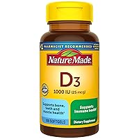 Nature Made Vitamin D3 1000 IU (25 mcg), Dietary Supplement for Bone, Teeth, Muscle and Immune Health Support, 100 Softgels, 100 Day Supply