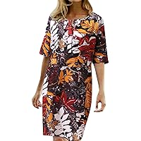Womens Casual Linen Dresses Short Sleeve V Neck Midi Dress Boho Floral Print Beach Dress Summer Vacation 2024 Fashion