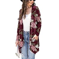 Women's Lightweight Cardigan Casual Soft Long Sleeve Floral Knit Cardigans with Pockets High Low Hem Draped Duster