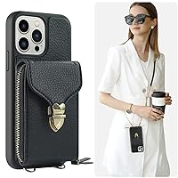 iPhone 13 Pro Max Wallet Case, iPhone 13 Pro Max Crossbody Case with Zipper Credit Card Holder Wrist Strap Lanyard Purse Protective for Apple iPhone 13 Pro Max (2021), 6.7 inch - Black