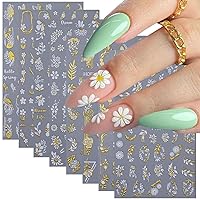 Flower Nail Stickers for Nail Art Spring Summer Nail Decals 3D Self-Adhesive Nail Supplies White Gold Daisy Blossom Floral Sunflower Leaves Butterfly Nail Design Sticker for Women Nail Decoration 8PCS