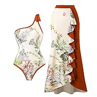 Swimsuit Tops for Women 2024 Beach Bikini Swimwear+1 Piece Cover UP Two Piece Vintage Print Swimsuit Monokini