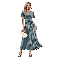 Simplee Women’s V Neck Velvet Maxi Dress Short Sleeve Empire Waist Long Formal Dress for Wedding Guest