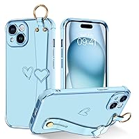 GUAGUA for iPhone 15 Phone Case, iPhone 15 Case with Wrist Strap, Slim Flexible Plating TPU Love Heart with Wristband Kickstand Holder Shockproof Protective Case for Apple iPhone 15 6.1 Inch, Blue