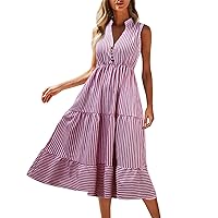 Sundresses for Women 2024 Summer Fashion Sleeveless Striped V-Neck Waistcoat Dress
