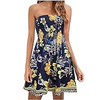 Recent Orders Women's Strapless Boho Dress Floral Print Sundress Sexy Smocked Stretch Midi Dresses Flowy Pleated Tube Sundresses Party Wear Dresses for Women