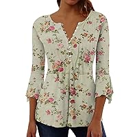 Women's 3/4 Length Bell Sleeve Tops V Neck Sexy Button Down Tunic Blouse Summer Floral Printed Slim Fit Shirts